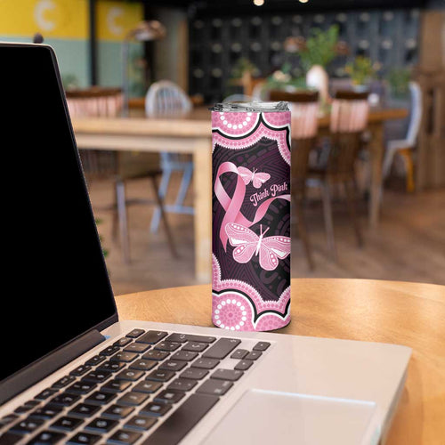 Australia Indigenous Skinny Tumbler Pink Ribbon Breast Cancer Butterfly Aboriginal Black - Aussie Hoodie