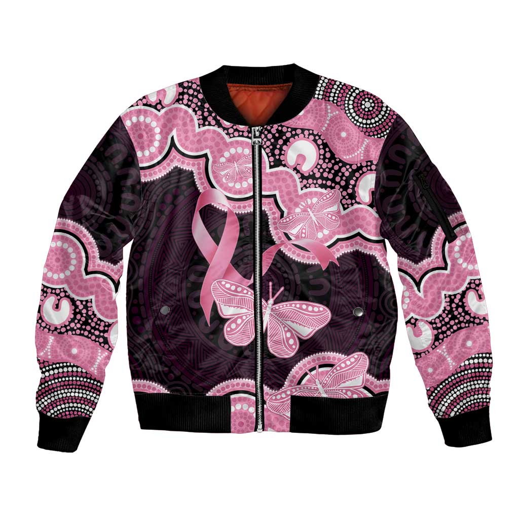Australia Indigenous Sleeve Zip Bomber Jacket Pink Ribbon Breast Cancer Butterfly Aboriginal Black - Aussie Hoodie