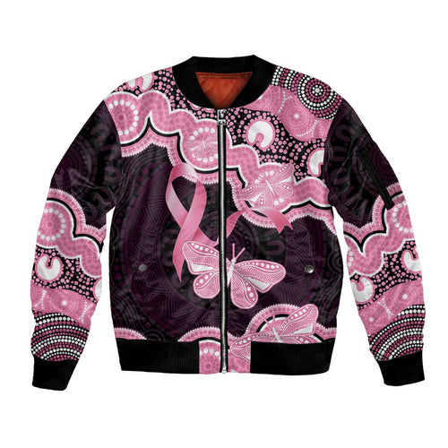 Australia Indigenous Sleeve Zip Bomber Jacket Pink Ribbon Breast Cancer Butterfly Aboriginal Black - Aussie Hoodie