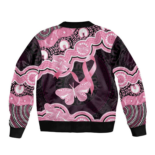 Australia Indigenous Sleeve Zip Bomber Jacket Pink Ribbon Breast Cancer Butterfly Aboriginal Black - Aussie Hoodie
