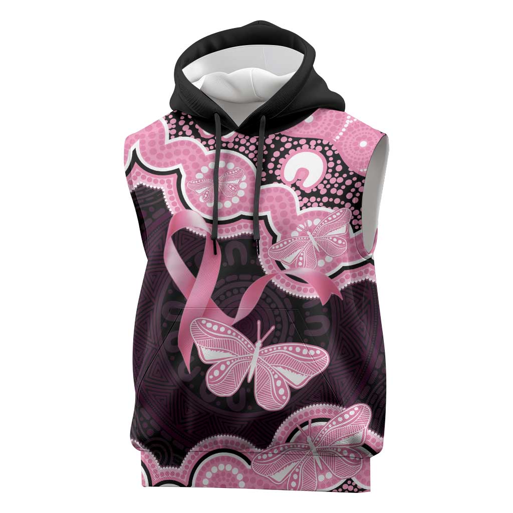 Australia Indigenous Sleeveless Hoodie Pink Ribbon Breast Cancer Butterfly Aboriginal Black - Aussie Hoodie