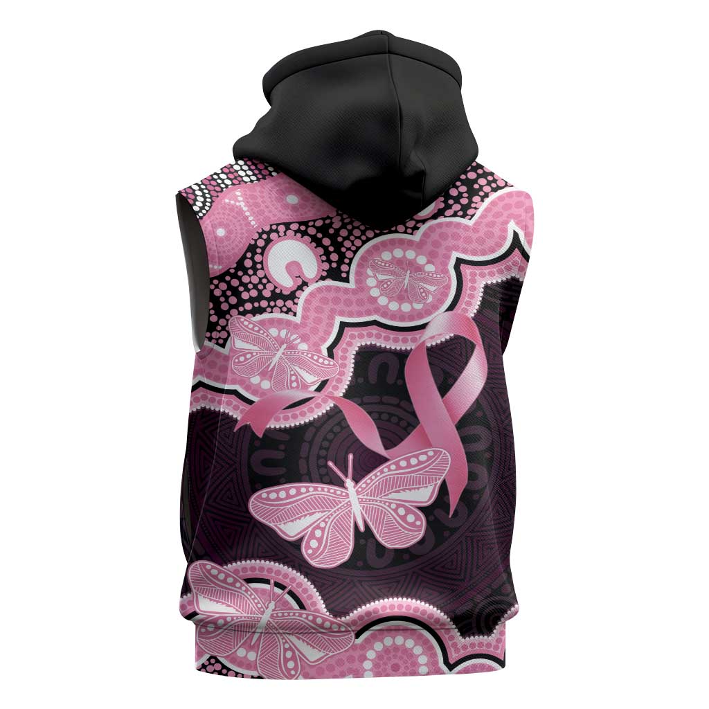 Australia Indigenous Sleeveless Hoodie Pink Ribbon Breast Cancer Butterfly Aboriginal Black - Aussie Hoodie