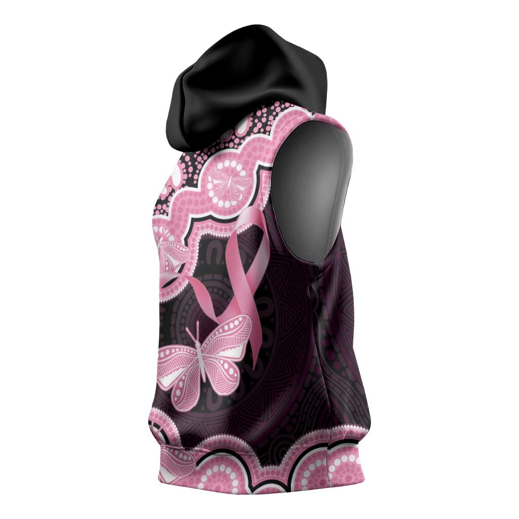 Australia Indigenous Sleeveless Hoodie Pink Ribbon Breast Cancer Butterfly Aboriginal Black - Aussie Hoodie