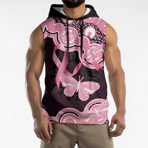 Australia Indigenous Sleeveless Hoodie Pink Ribbon Breast Cancer Butterfly Aboriginal Black - Aussie Hoodie