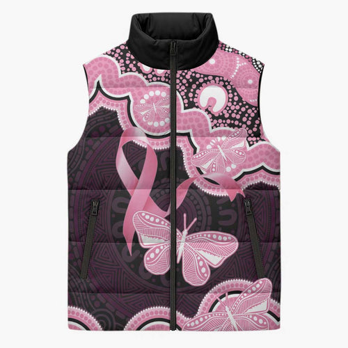 Australia Indigenous Sleeveless Puffer Jacket Pink Ribbon Breast Cancer Butterfly Aboriginal Black - Aussie Hoodie