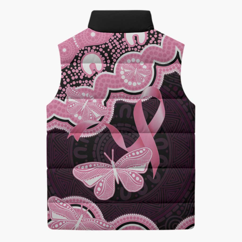 Australia Indigenous Sleeveless Puffer Jacket Pink Ribbon Breast Cancer Butterfly Aboriginal Black - Aussie Hoodie