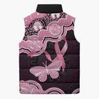 Australia Indigenous Sleeveless Puffer Jacket Pink Ribbon Breast Cancer Butterfly Aboriginal Black - Aussie Hoodie