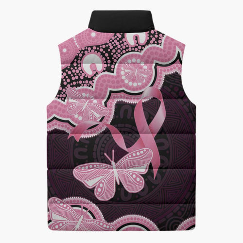 Australia Indigenous Sleeveless Puffer Jacket Pink Ribbon Breast Cancer Butterfly Aboriginal Black - Aussie Hoodie