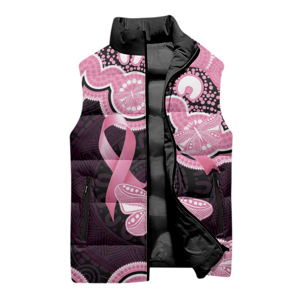 Australia Indigenous Sleeveless Puffer Jacket Pink Ribbon Breast Cancer Butterfly Aboriginal Black - Aussie Hoodie