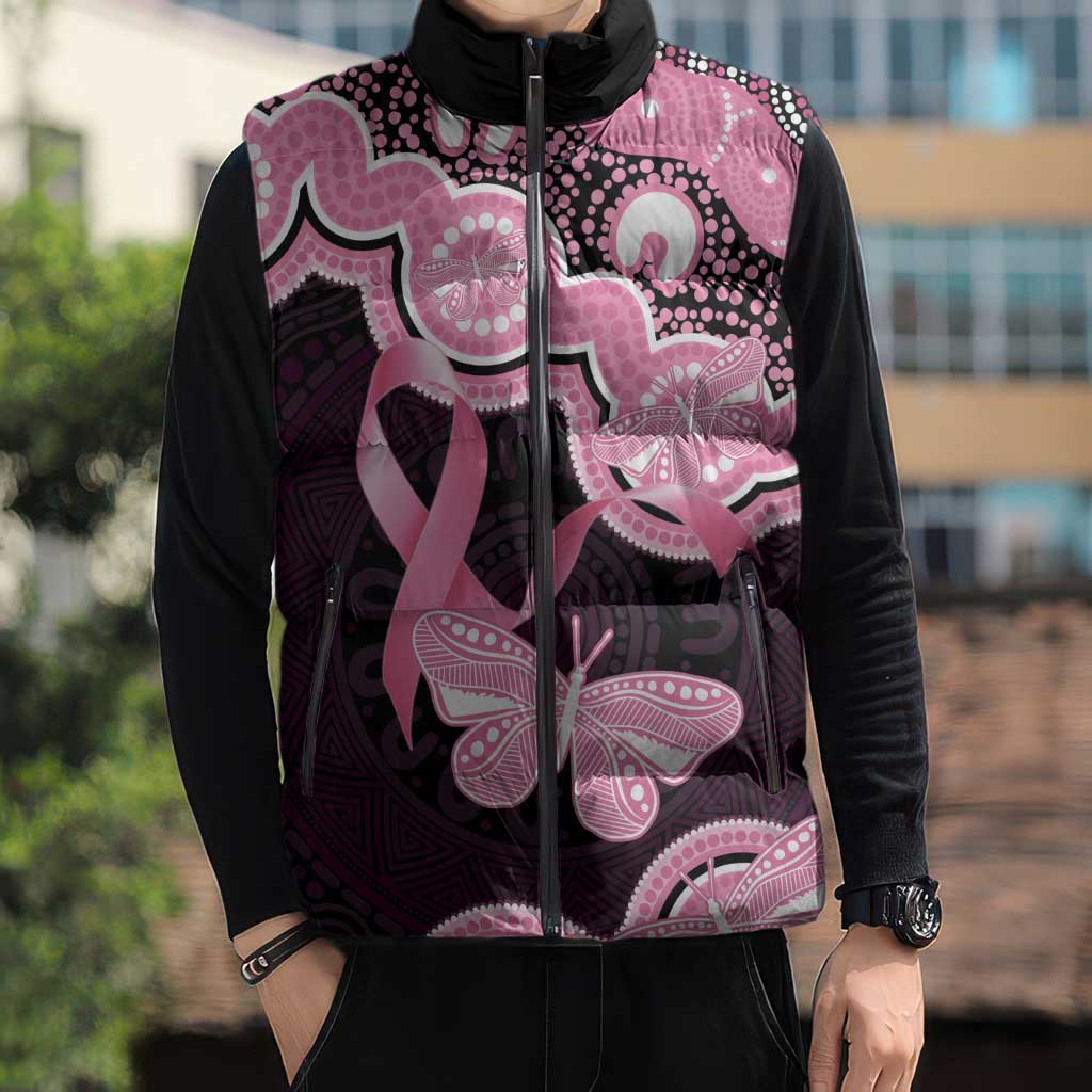 Australia Indigenous Sleeveless Puffer Jacket Pink Ribbon Breast Cancer Butterfly Aboriginal Black - Aussie Hoodie