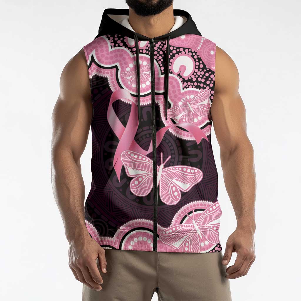 Australia Indigenous Sleeveless Zip Hoodie Pink Ribbon Breast Cancer Butterfly Aboriginal Black LT14
