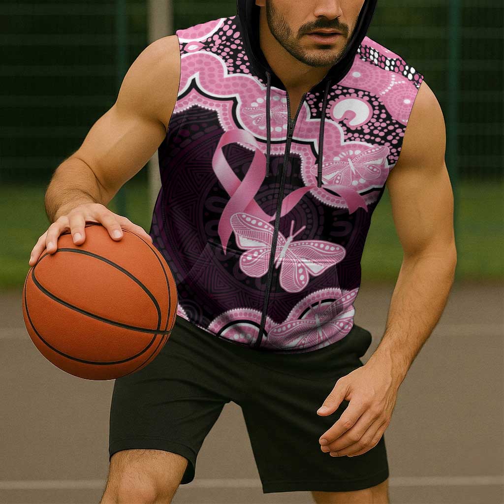 Australia Indigenous Sleeveless Zip Hoodie Pink Ribbon Breast Cancer Butterfly Aboriginal Black LT14