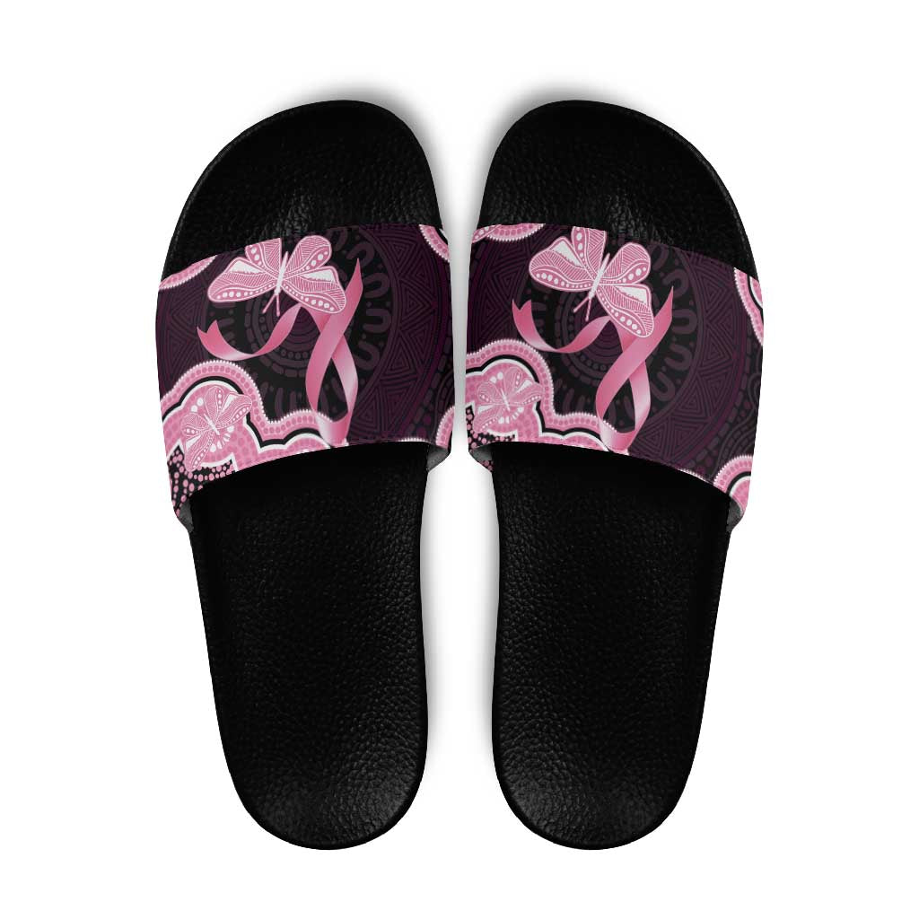 Australia Indigenous Slide Sandals Pink Ribbon Breast Cancer Butterfly Aboriginal Black - Aussie Hoodie