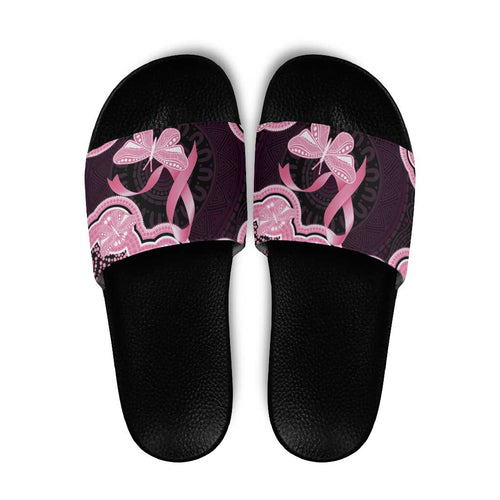 Australia Indigenous Slide Sandals Pink Ribbon Breast Cancer Butterfly Aboriginal Black - Aussie Hoodie