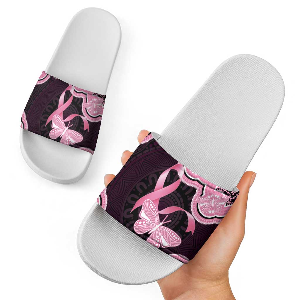 Australia Indigenous Slide Sandals Pink Ribbon Breast Cancer Butterfly Aboriginal Black - Aussie Hoodie