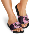 Australia Indigenous Slide Sandals Pink Ribbon Breast Cancer Butterfly Aboriginal Black - Aussie Hoodie