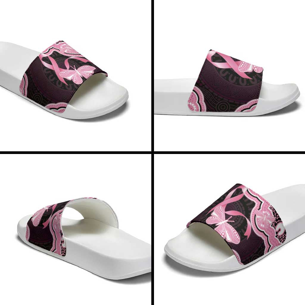 Australia Indigenous Slide Sandals Pink Ribbon Breast Cancer Butterfly Aboriginal Black - Aussie Hoodie