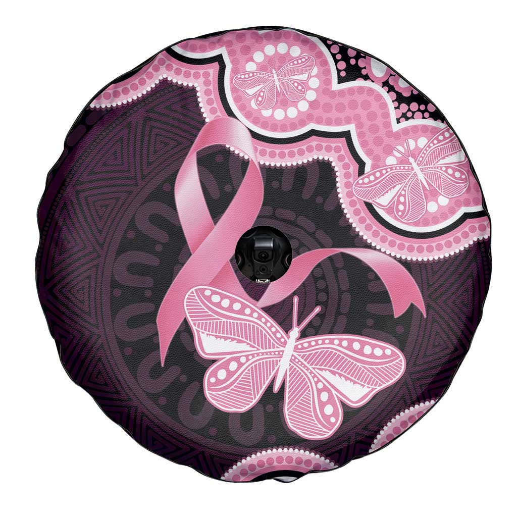 Australia Indigenous Spare Tire Cover Pink Ribbon Breast Cancer Butterfly Aboriginal Black - Aussie Hoodie