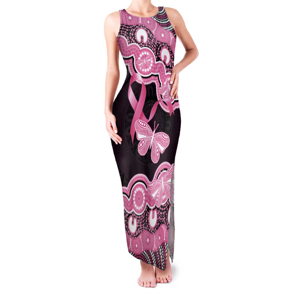 Australia Indigenous Tank Maxi Dress Pink Ribbon Breast Cancer Butterfly Aboriginal Black - Aussie Hoodie