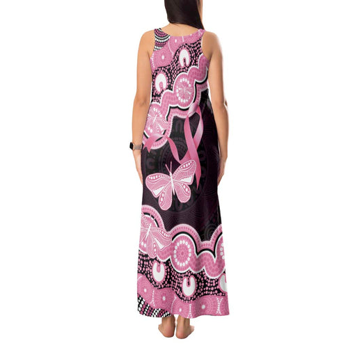 Australia Indigenous Tank Maxi Dress Pink Ribbon Breast Cancer Butterfly Aboriginal Black - Aussie Hoodie
