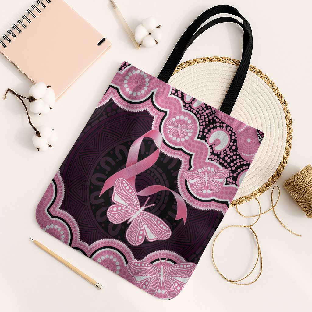 Australia Indigenous Tote Bag Pink Ribbon Breast Cancer Butterfly Aboriginal Black - Aussie Hoodie