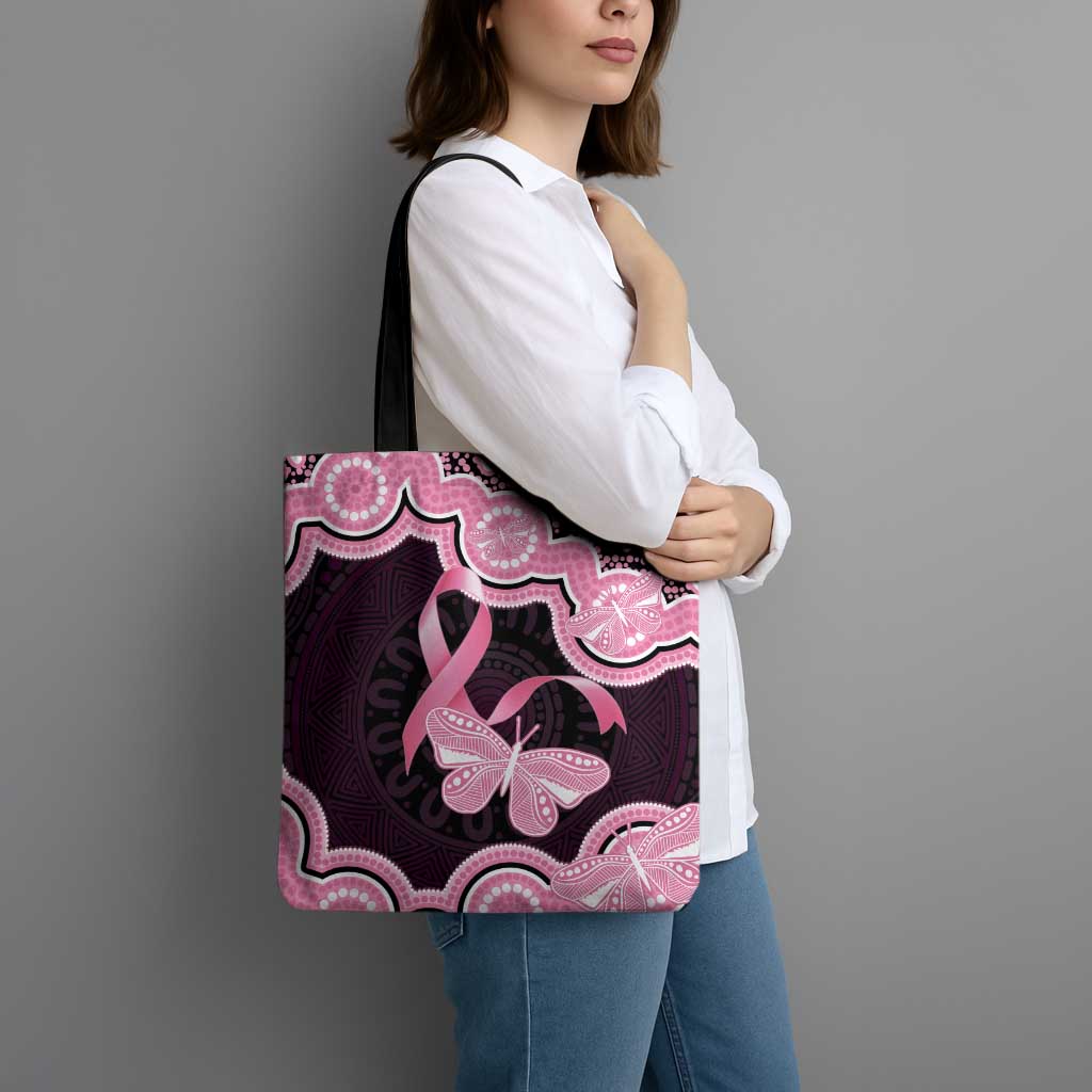 Australia Indigenous Tote Bag Pink Ribbon Breast Cancer Butterfly Aboriginal Black - Aussie Hoodie