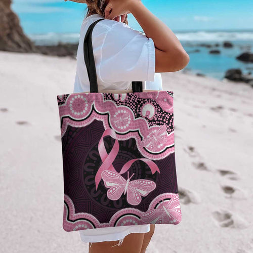 Australia Indigenous Tote Bag Pink Ribbon Breast Cancer Butterfly Aboriginal Black - Aussie Hoodie