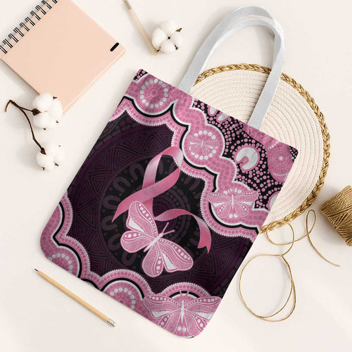 Australia Indigenous Tote Bag Pink Ribbon Breast Cancer Butterfly Aboriginal Black - Aussie Hoodie