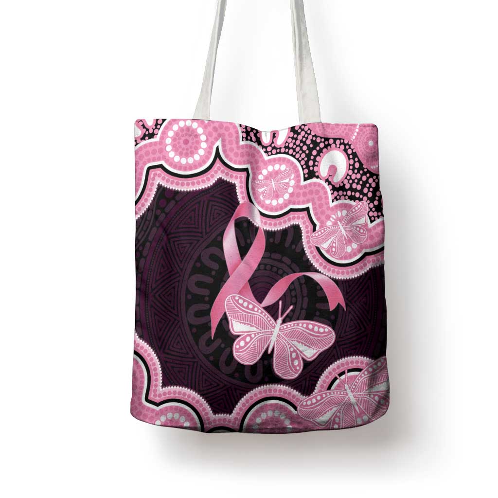 Australia Indigenous Tote Bag Pink Ribbon Breast Cancer Butterfly Aboriginal Black - Aussie Hoodie