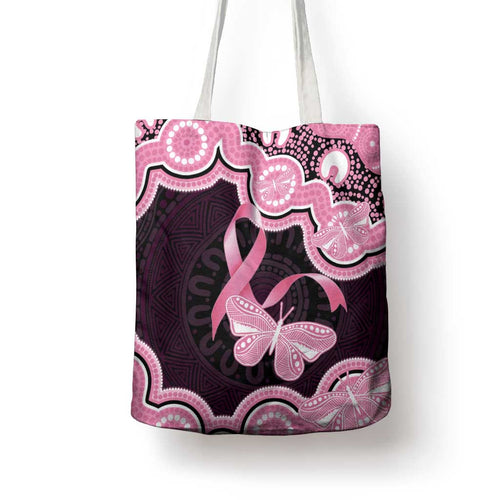Australia Indigenous Tote Bag Pink Ribbon Breast Cancer Butterfly Aboriginal Black - Aussie Hoodie