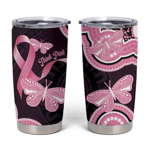 Australia Indigenous Tumbler Cup Pink Ribbon Breast Cancer Butterfly Aboriginal Black - Aussie Hoodie