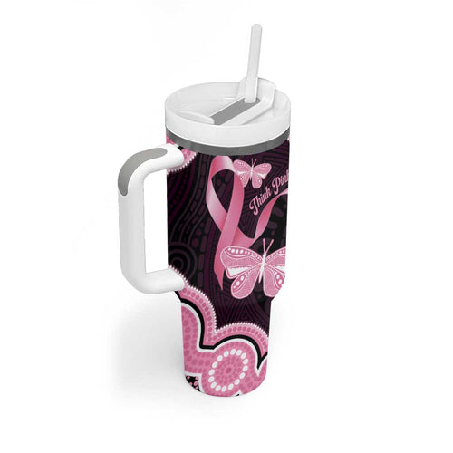 Australia Indigenous Tumbler With Handle Pink Ribbon Breast Cancer Butterfly Aboriginal Black - Aussie Hoodie