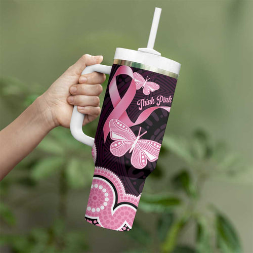 Australia Indigenous Tumbler With Handle Pink Ribbon Breast Cancer Butterfly Aboriginal Black - Aussie Hoodie