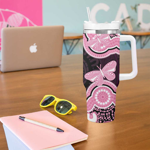 Australia Indigenous Tumbler With Handle Pink Ribbon Breast Cancer Butterfly Aboriginal Black - Aussie Hoodie