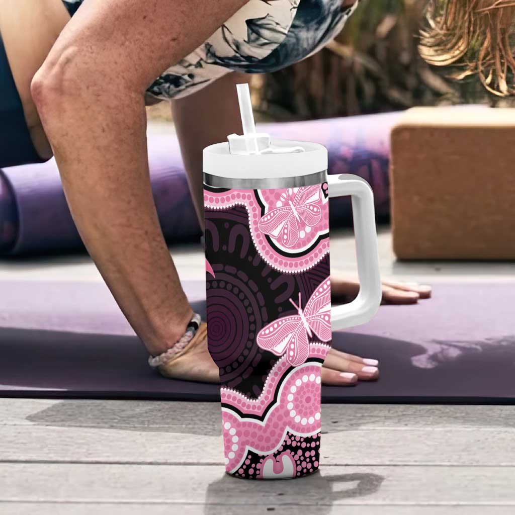 Australia Indigenous Tumbler With Handle Pink Ribbon Breast Cancer Butterfly Aboriginal Black - Aussie Hoodie