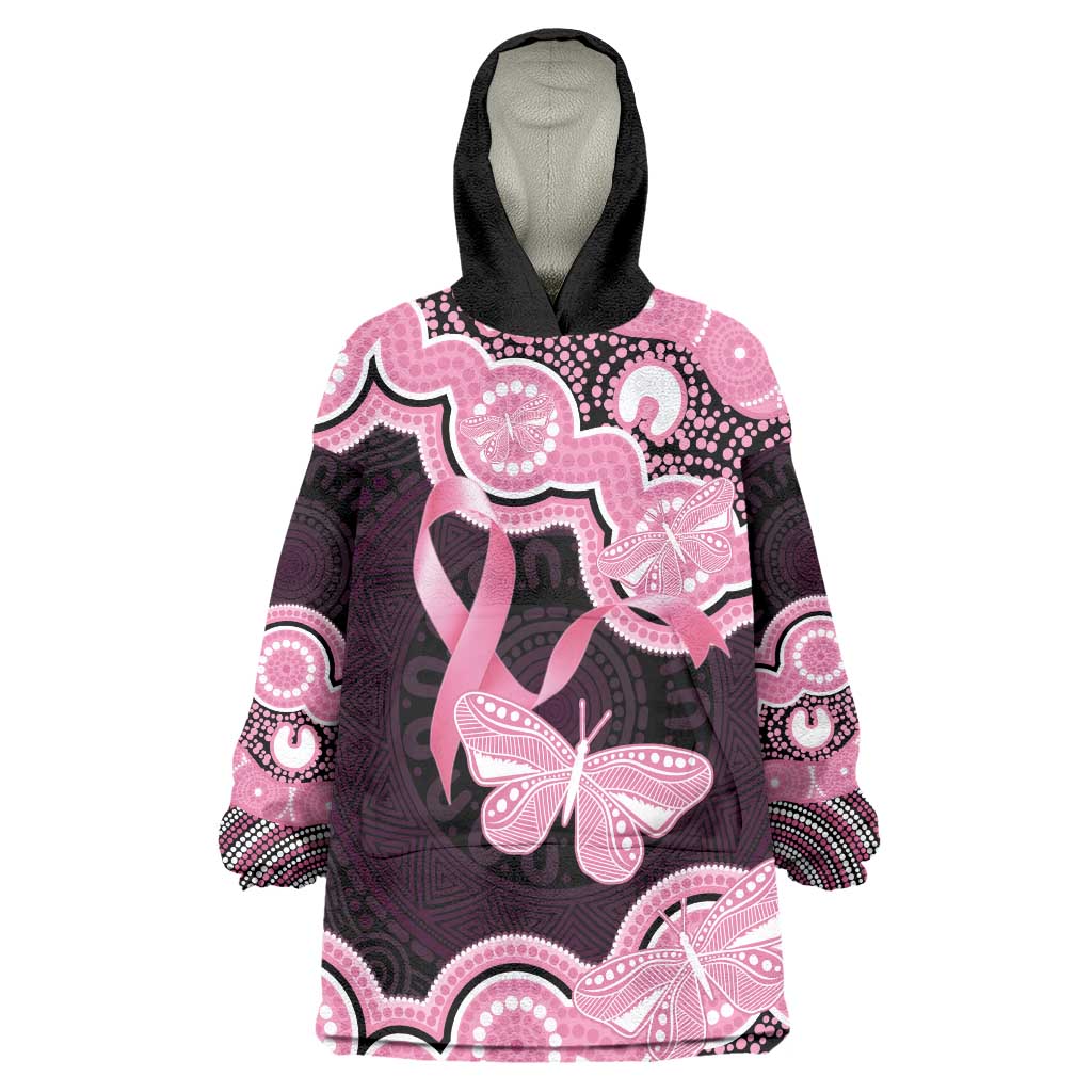 Australia Indigenous Wearable Blanket Hoodie Pink Ribbon Breast Cancer Butterfly Aboriginal Black - Aussie Hoodie