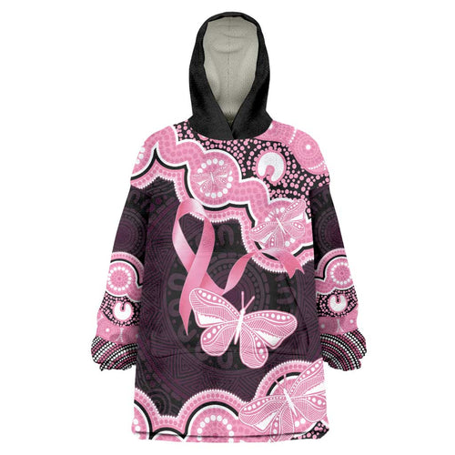 Australia Indigenous Wearable Blanket Hoodie Pink Ribbon Breast Cancer Butterfly Aboriginal Black - Aussie Hoodie