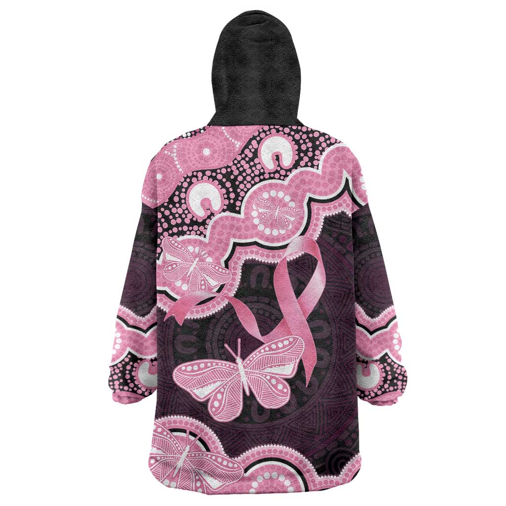 Australia Indigenous Wearable Blanket Hoodie Pink Ribbon Breast Cancer Butterfly Aboriginal Black - Aussie Hoodie