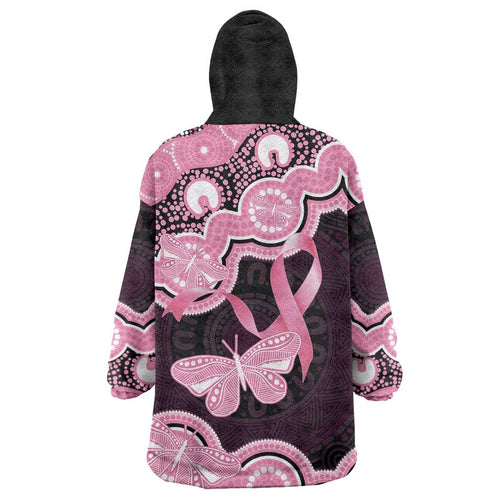 Australia Indigenous Wearable Blanket Hoodie Pink Ribbon Breast Cancer Butterfly Aboriginal Black - Aussie Hoodie