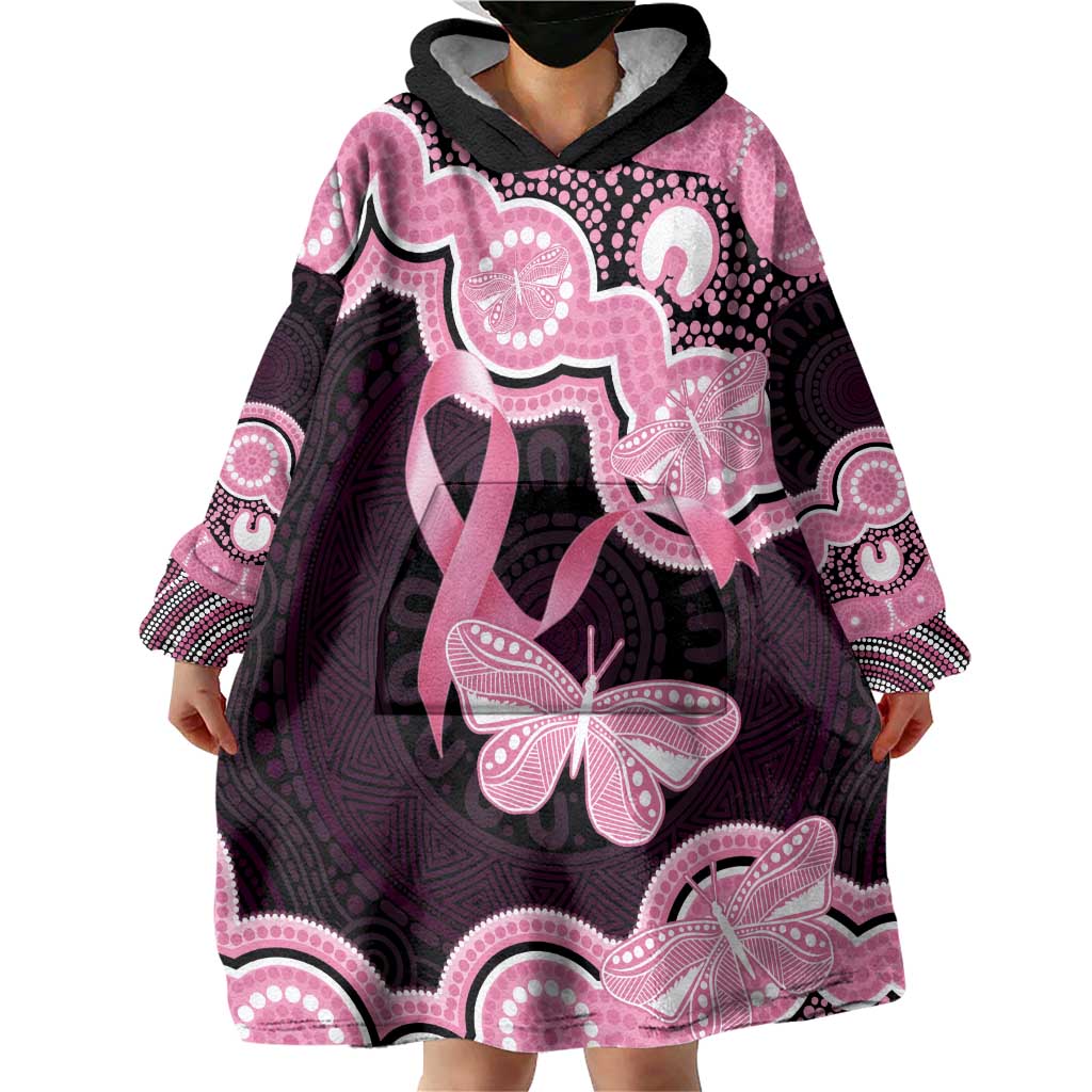 Australia Indigenous Wearable Blanket Hoodie Pink Ribbon Breast Cancer Butterfly Aboriginal Black - Aussie Hoodie
