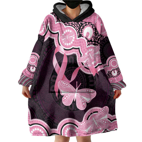 Australia Indigenous Wearable Blanket Hoodie Pink Ribbon Breast Cancer Butterfly Aboriginal Black - Aussie Hoodie