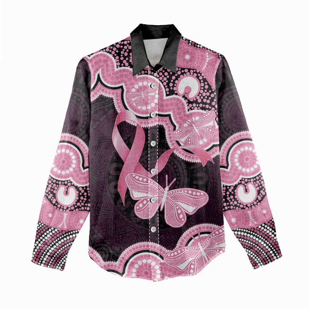 Australia Indigenous Women Casual Shirt Pink Ribbon Breast Cancer Butterfly Aboriginal Black - Aussie Hoodie