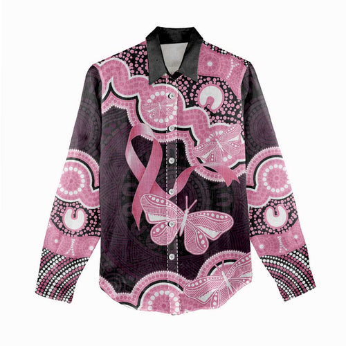 Australia Indigenous Women Casual Shirt Pink Ribbon Breast Cancer Butterfly Aboriginal Black - Aussie Hoodie