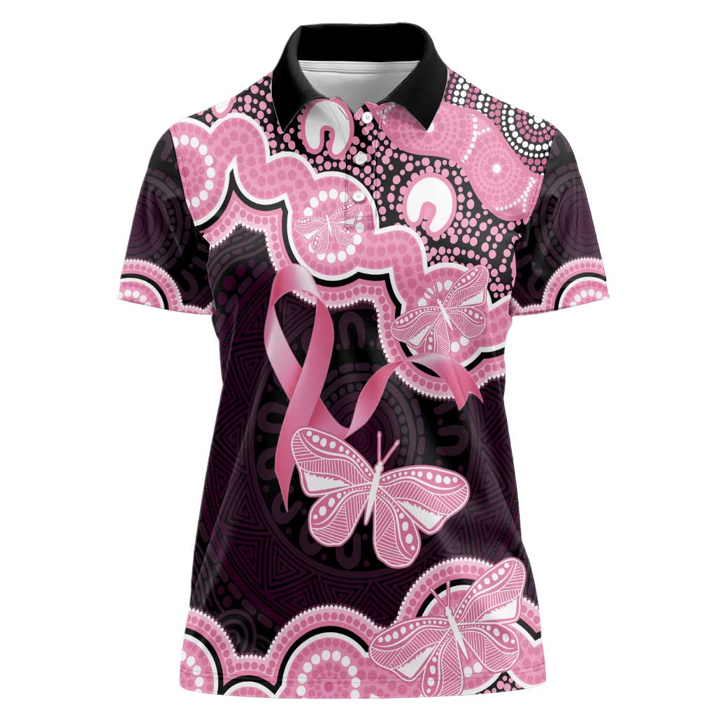 Australia Indigenous Women Polo Shirt Pink Ribbon Breast Cancer Butterfly Aboriginal Black - Aussie Hoodie