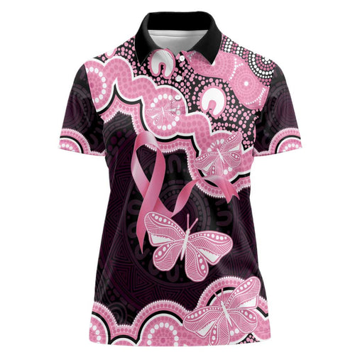 Australia Indigenous Women Polo Shirt Pink Ribbon Breast Cancer Butterfly Aboriginal Black - Aussie Hoodie