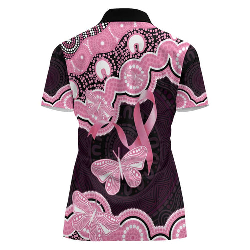 Australia Indigenous Women Polo Shirt Pink Ribbon Breast Cancer Butterfly Aboriginal Black - Aussie Hoodie