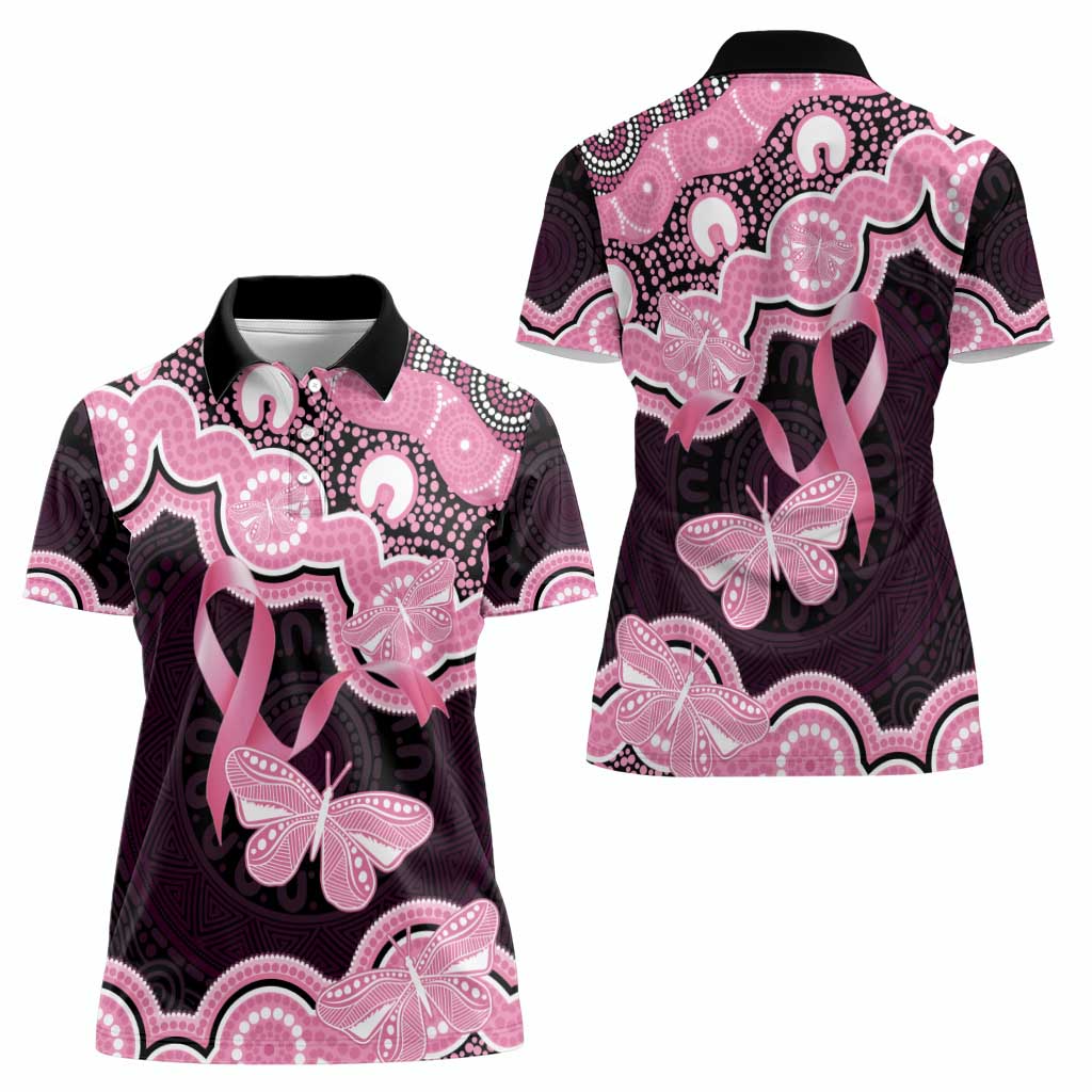 Australia Indigenous Women Polo Shirt Pink Ribbon Breast Cancer Butterfly Aboriginal Black - Aussie Hoodie