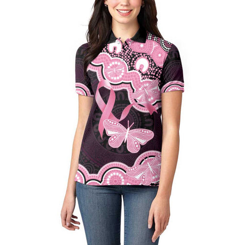 Australia Indigenous Women Polo Shirt Pink Ribbon Breast Cancer Butterfly Aboriginal Black - Aussie Hoodie