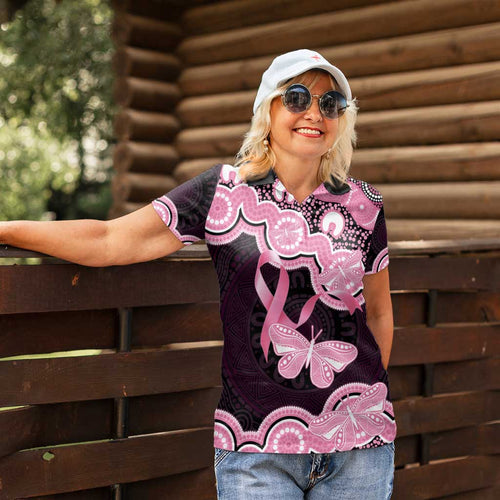 Australia Indigenous Women Polo Shirt Pink Ribbon Breast Cancer Butterfly Aboriginal Black - Aussie Hoodie