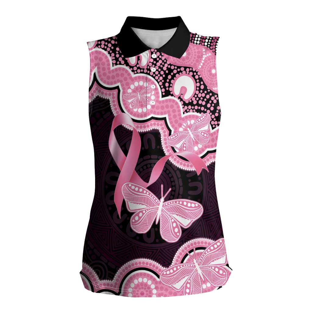 Australia Indigenous Women Sleeveless Polo Shirt Pink Ribbon Breast Cancer Butterfly Aboriginal Black - Aussie Hoodie